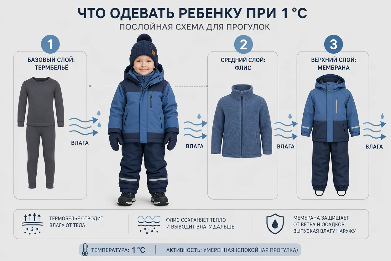 Что одевать ребенку в 1 градус — схема трёх слоёв одежды от базового до верхнего