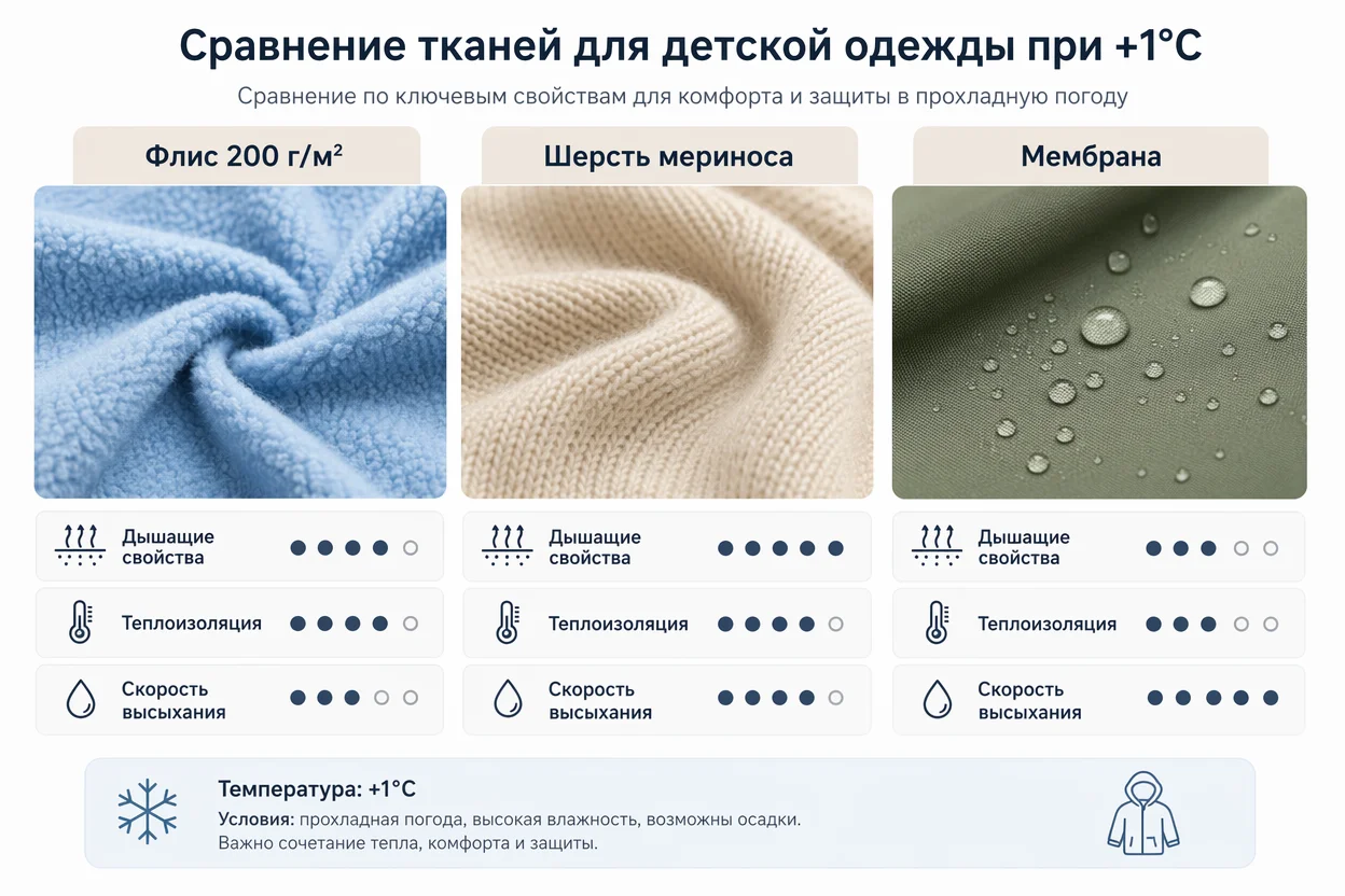Слои одежды для ребенка при +1 — сравнение тканей: флис, шерсть, мембрана
