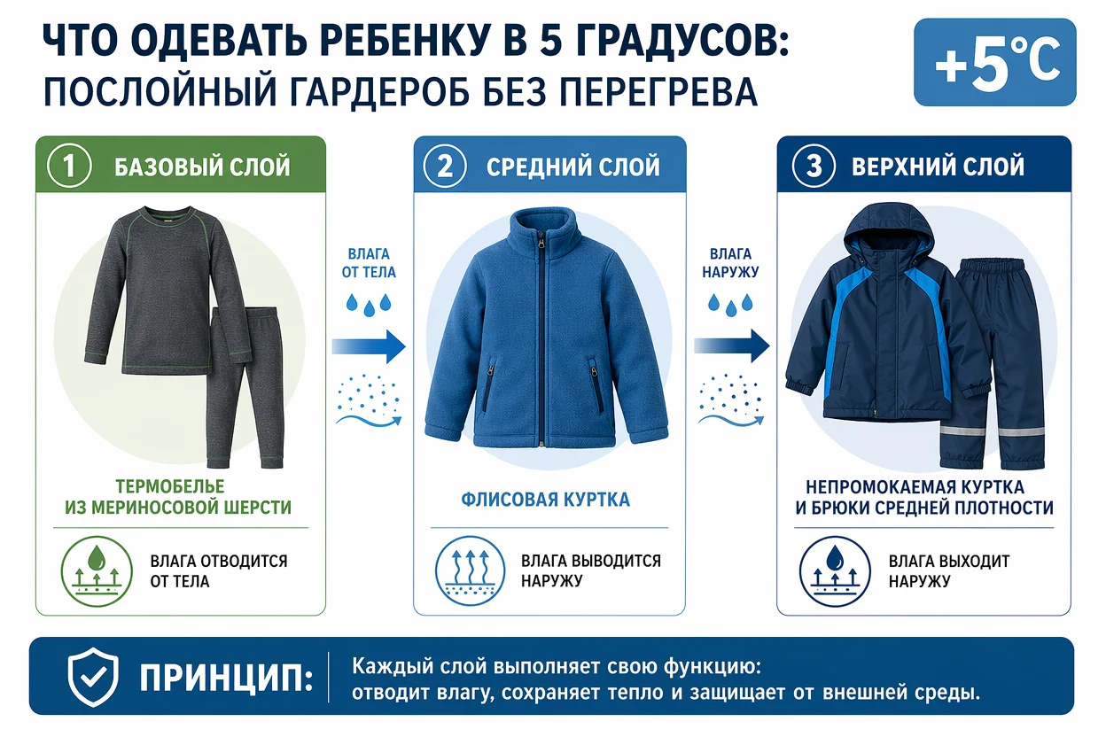 Что одевать ребенку в 5 градусов тепла — схема трёх слоёв одежды с названиями каждого слоя
