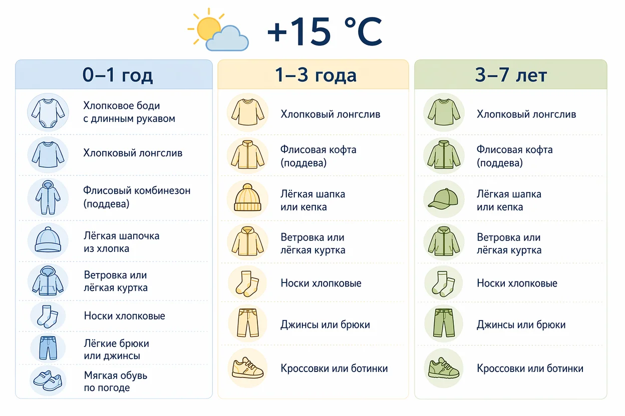Одежда ребёнка по температуре — таблица для +15 °C по возрастным группам